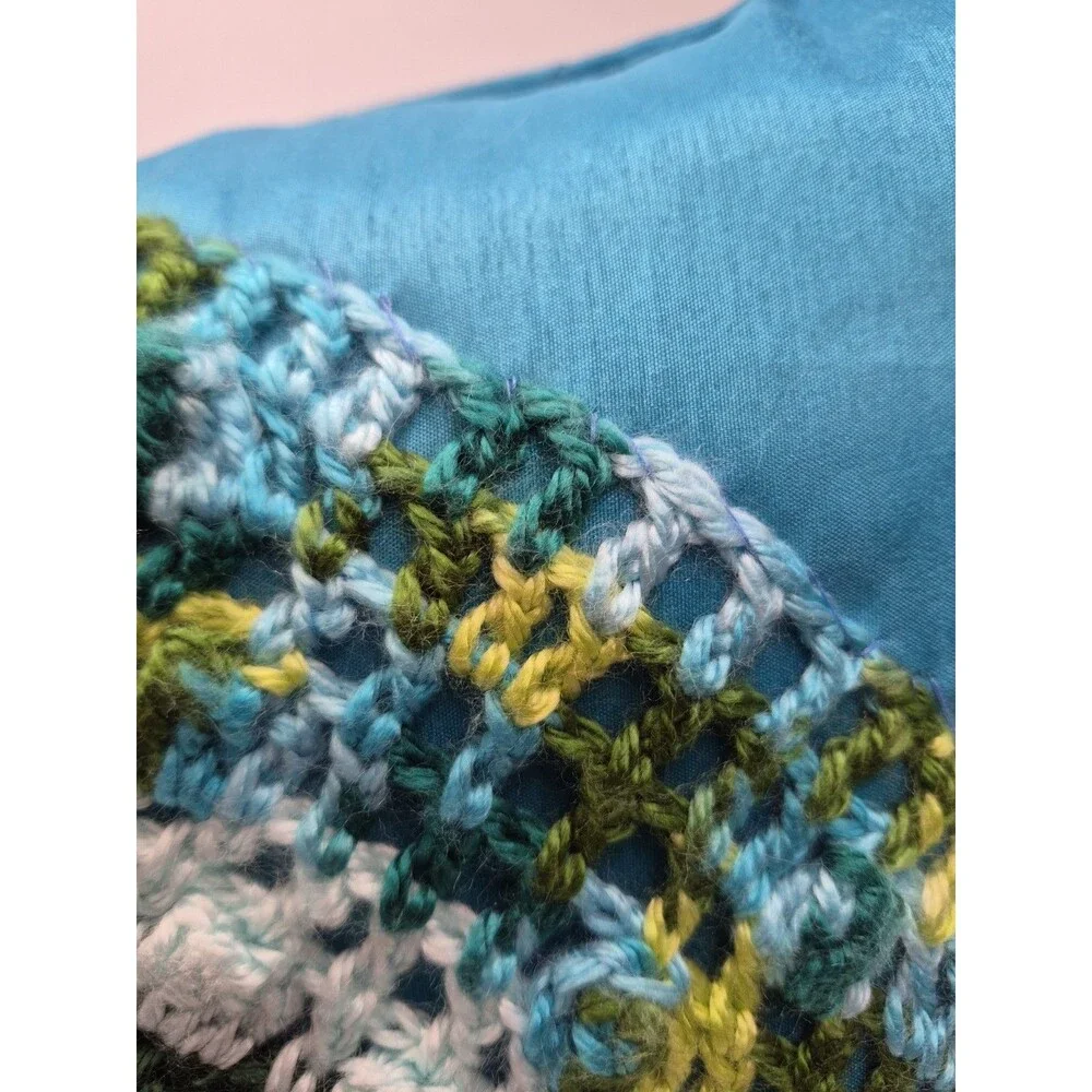 Crochet Granny Square Floral Boho Mandala Pillow Teal Green Yellow 16